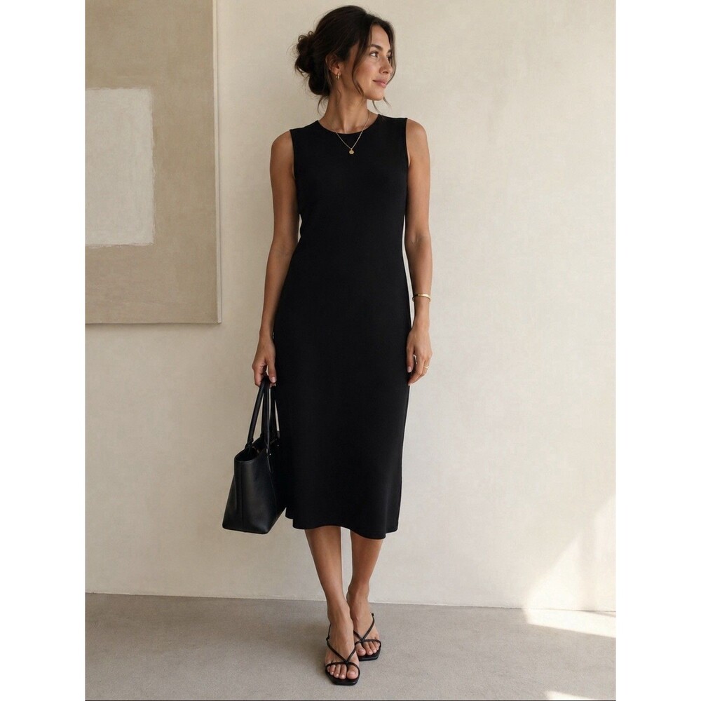 Vince Black Column Dress Sleeveless Stretch Knit Midi Women Large Bodycom